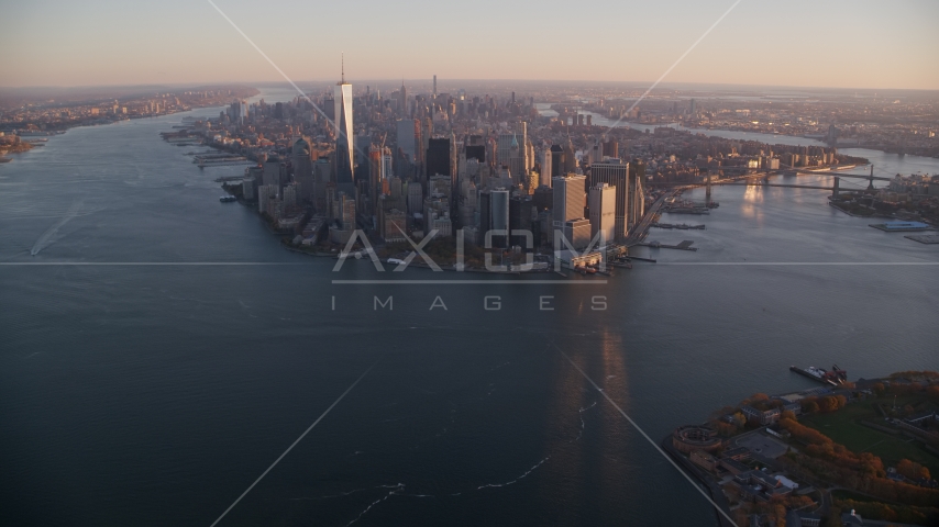 Lower Manhattan at sunrise, New York City Aerial Stock Photo AX118_085.0000000F | Axiom Images