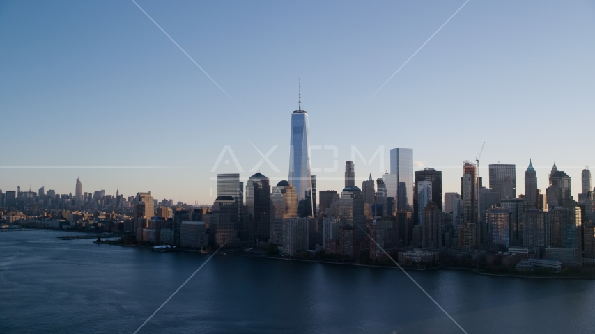 Freedom Tower and the World Trade Center skyline at sunrise in New York City Aerial Stock Photo AX118_152.0000093F | Axiom Images