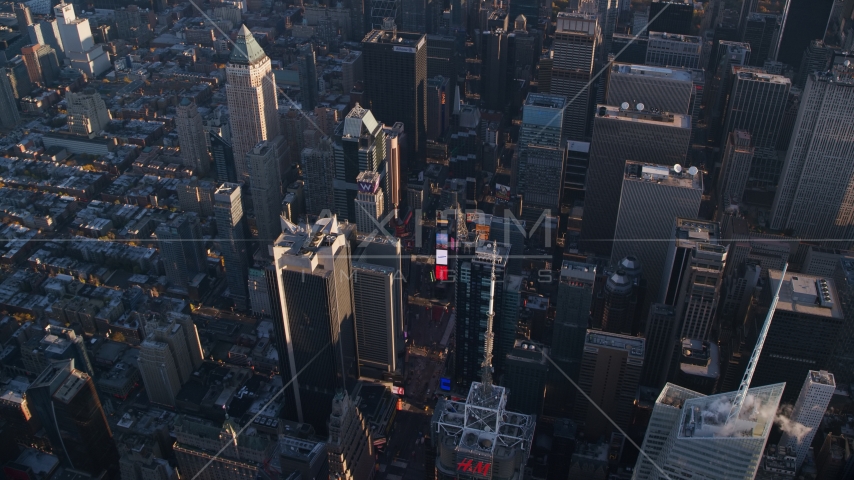 Times Square at sunrise in Midtown Manhattan, New York City Aerial Stock Photo AX118_184.0000138F | Axiom Images