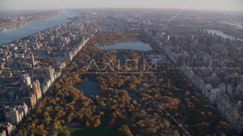 Central Park with autumn leaves at sunrise in New York City Aerial Stock Photo AX118_190.0000000F | Axiom Images