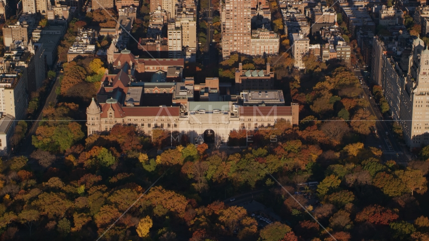 Autumn leaves around the Museum of Natural History at sunrise in Upper West Side, New York City Aerial Stock Photo AX118_193.0000177F | Axiom Images