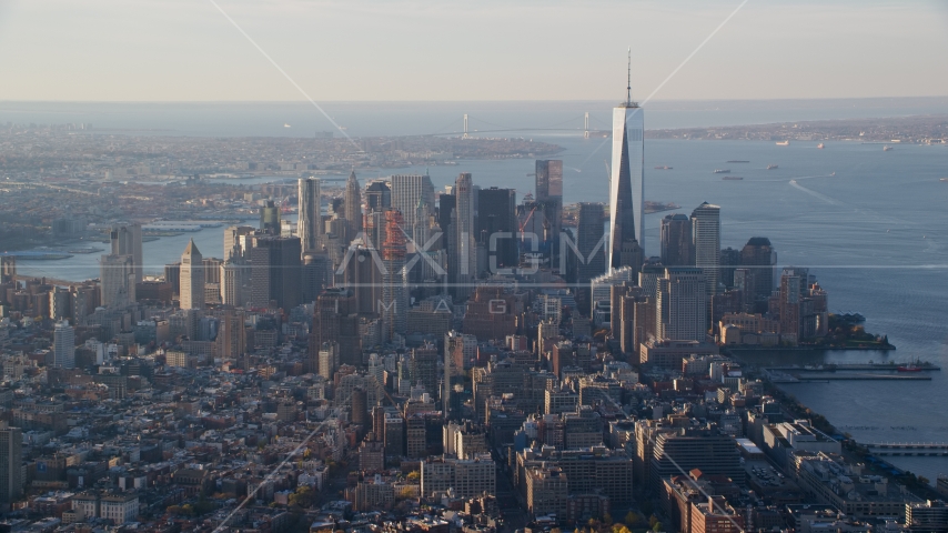 Freedom Tower and Lower Manhattan at sunrise in New York City Aerial Stock Photo AX118_206.0000000F | Axiom Images