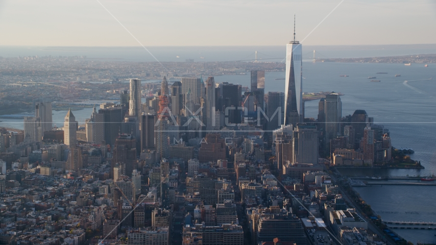 Lower Manhattan and One World Trade Center at sunrise in New York City Aerial Stock Photo AX118_207.0000107F | Axiom Images