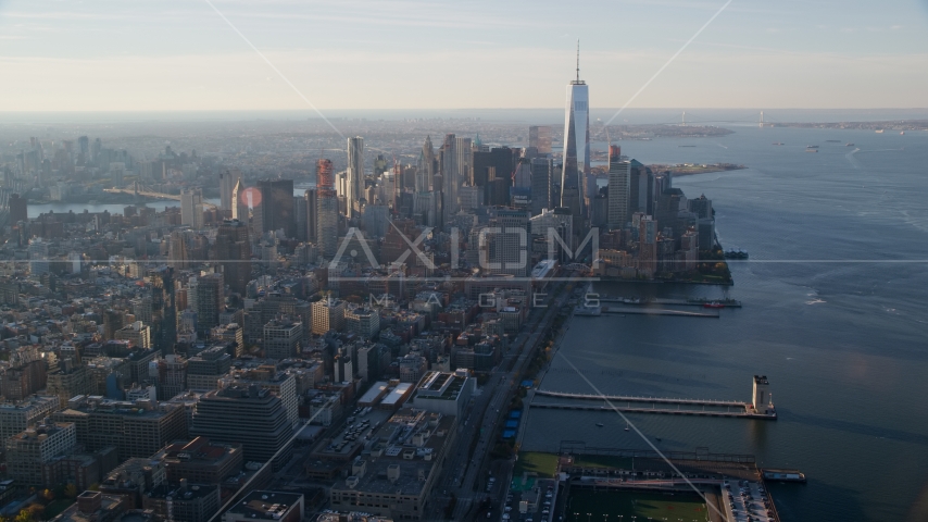 Pier 34 and Lower Manhattan at sunrise in New York City Aerial Stock Photo AX118_210.0000091F | Axiom Images