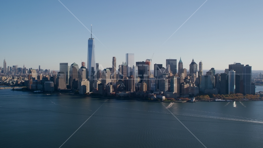 Skyline of Lower Manhattan across the Hudson River in New York City Aerial Stock Photo AX119_014.0000094F | Axiom Images