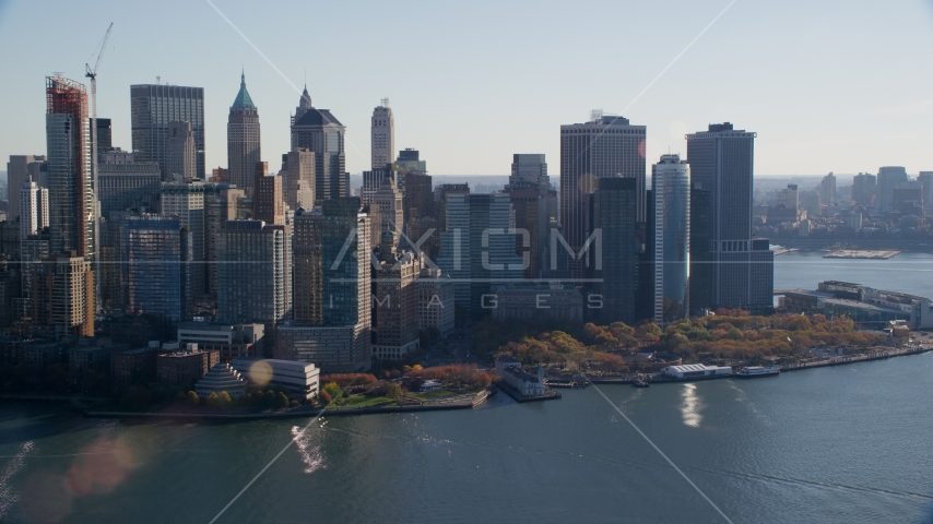 Battery Park and skyscrapers in Autumn, Lower Manhattan, New York City Aerial Stock Photo AX119_015.0000096F | Axiom Images