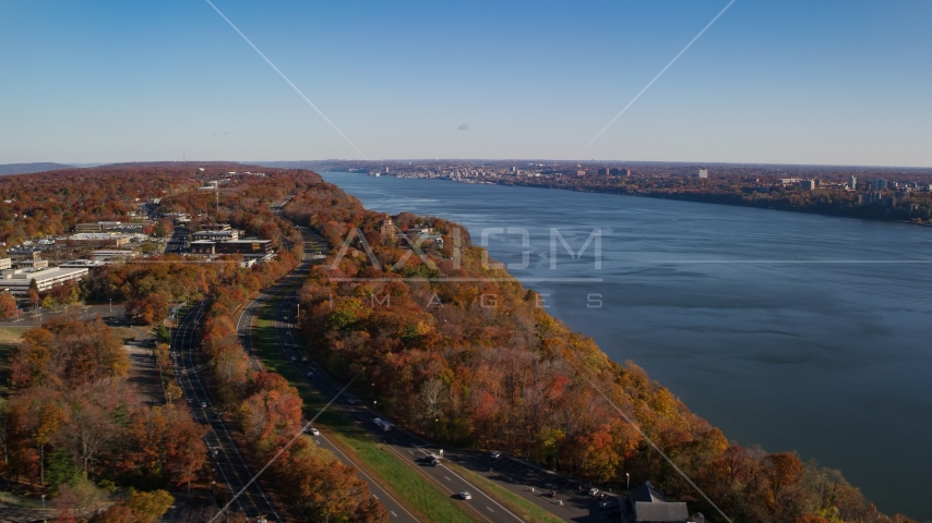 St Peter's College and Hudson River in Autumn, Englewood Cliffs, New Jersey Aerial Stock Photo AX119_051.0000060F | Axiom Images