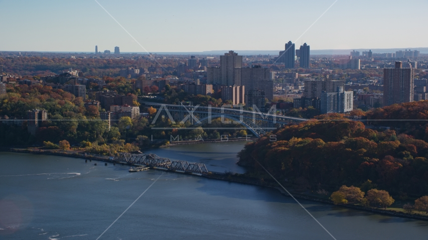 Henry Hudson and Spuyten Duyvil Bridges in Autumn, The Bronx, New York City Aerial Stock Photo AX119_054.0000179F | Axiom Images