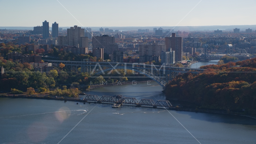 The Henry Hudson and Spuyten Duyvil Bridges in Autumn in The Bronx, New York City Aerial Stock Photo AX119_055.0000161F | Axiom Images