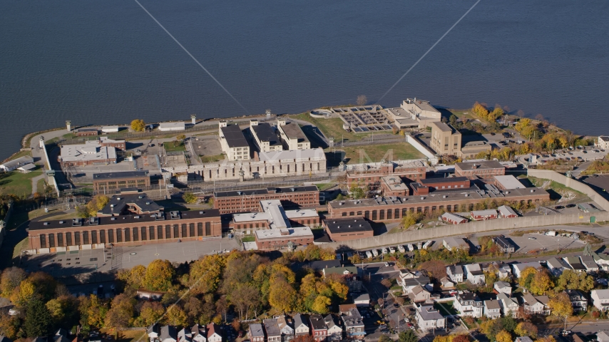 Sing Sing Prison by the Hudson River in Autumn, Ossining, New York Aerial Stock Photo AX119_114.0000314F | Axiom Images