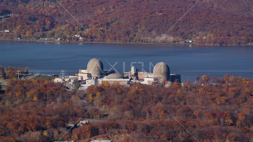 Indian Point Energy Center nuclear plant in Autumn, Buchanan, New York Aerial Stock Photo AX119_143.0000075F | Axiom Images