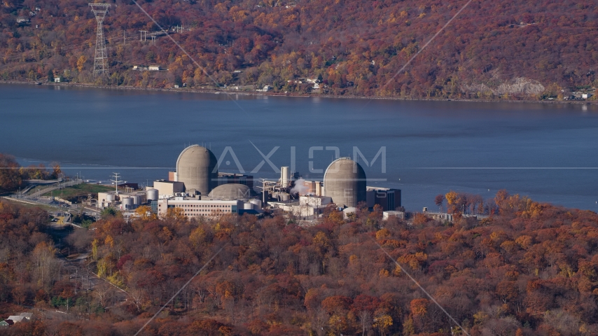 The Indian Point Energy Center nuclear power plant in Autumn, Buchanan, New York Aerial Stock Photo AX119_144.0000113F | Axiom Images