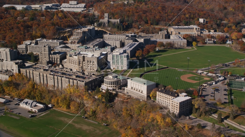 The United States Military Academy at West Point in Autumn, New York Aerial Stock Photo AX119_167.0000093F | Axiom Images