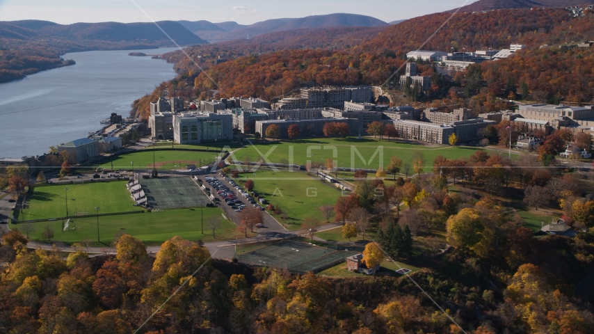Grounds and sports fields at the West Point Military Academy in Autumn, West Point, New York Aerial Stock Photo AX119_169.0000201F | Axiom Images