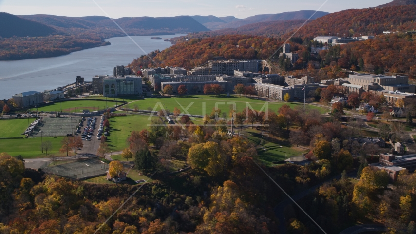 Campus of the West Point Military Academy in Autumn, West Point, New York Aerial Stock Photo AX119_170.0000109F | Axiom Images