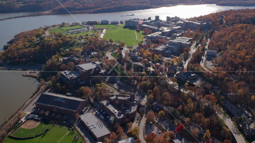 The West Point Military Academy by the Hudson River in Autumn, West Point, New York Aerial Stock Photo AX119_174.0000073F | Axiom Images