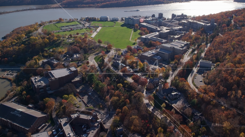 The United States Military Academy by the Hudson River in Autumn, West Point, New York Aerial Stock Photo AX119_174.0000216F | Axiom Images