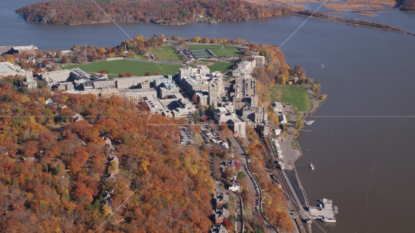 West Point Military Academy campus in Autumn, West Point, New York Aerial Stock Photo AX119_179.0000186F | Axiom Images