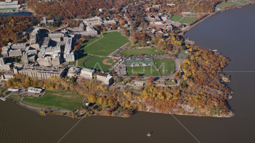West Point Military Academy sports fields in Autumn, West Point, New York Aerial Stock Photo AX119_184.0000038F | Axiom Images