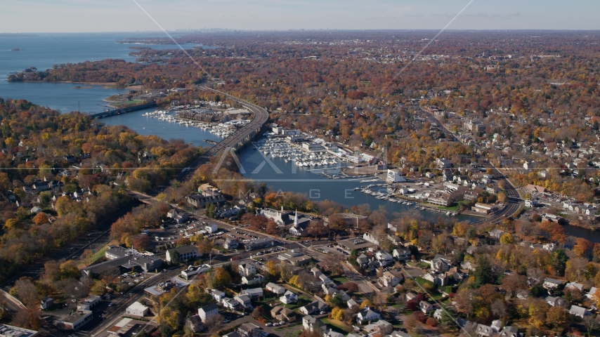 Marinas on the Mianus River by homes in Autumn, Greenwich, Connecticut Aerial Stock Photo AX119_232.0000028F | Axiom Images
