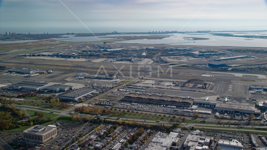 John F. Kennedy International Airport in Autumn, Queens, New York City Aerial Stock Photo AX120_050.0000049F | Axiom Images