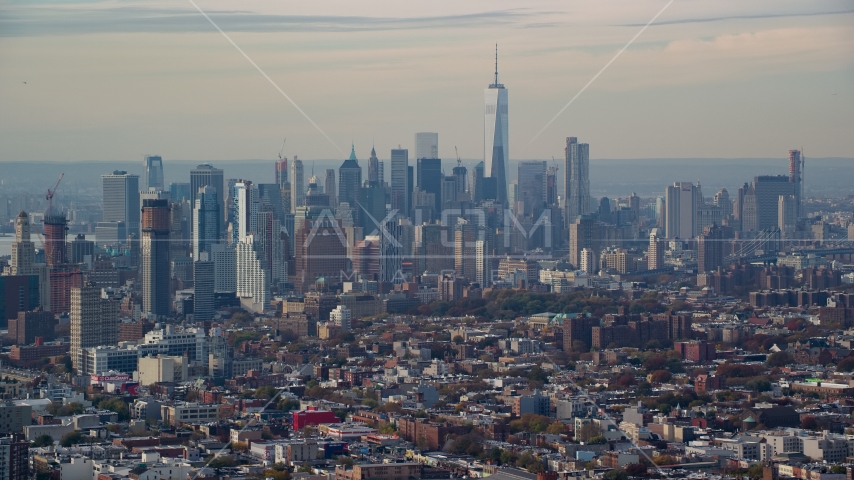The Lower Manhattan skyline seen from Brooklyn in Autumn, New York City Aerial Stock Photo AX120_082.0000079F | Axiom Images