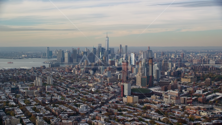 Downtown Brooklyn and the Lower Manhattan skyline in Autumn, New York City Aerial Stock Photo AX120_084.0000126F | Axiom Images