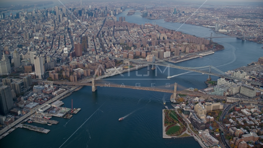 Brooklyn and Manhattan Bridges in Autumn, New York City Aerial Stock Photo AX120_094.0000060F | Axiom Images