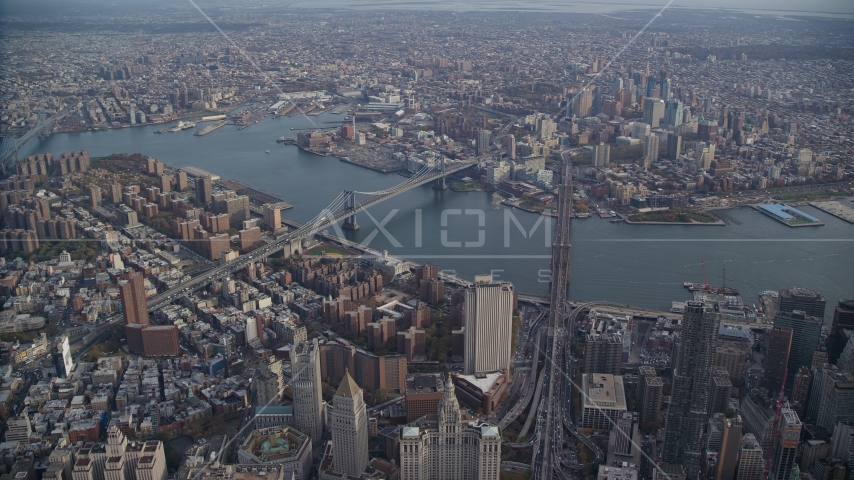 Brooklyn Bridge and Manhattan Bridge in New York City Aerial Stock Photo AX120_112.0000056F | Axiom Images