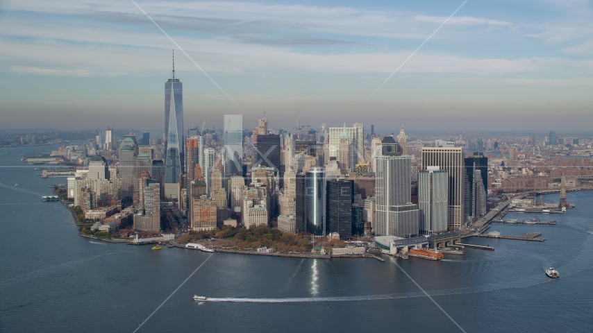 Battery Park and Lower Manhattan in Autumn, New York City Aerial Stock Photo AX120_121.0000290F | Axiom Images