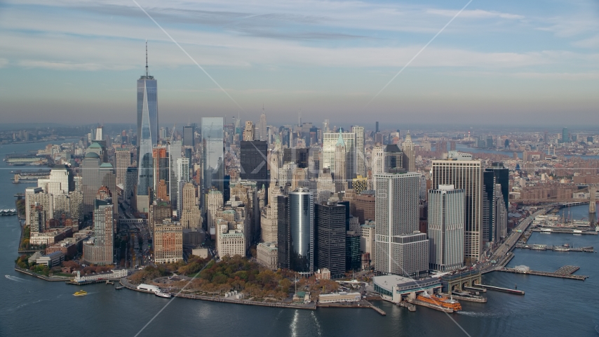 Lower Manhattan and Battery Park in Autumn, New York City Aerial Stock Photo AX120_122.0000245F | Axiom Images