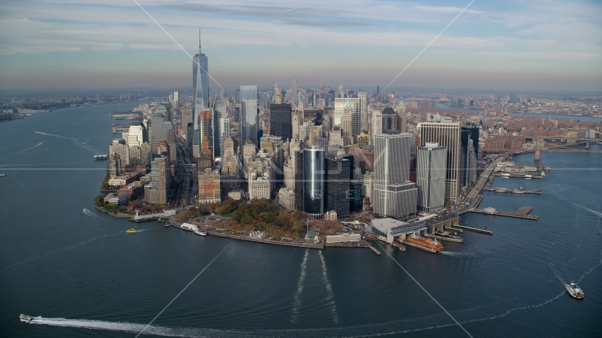 Battery Park and Lower Manhattan skyscrapers in Autumn, New York City Aerial Stock Photo AX120_123.0000000F | Axiom Images