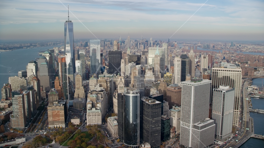 Lower Manhattan skyscrapers in Autumn, New York City Aerial Stock Photo AX120_124.0000165F | Axiom Images