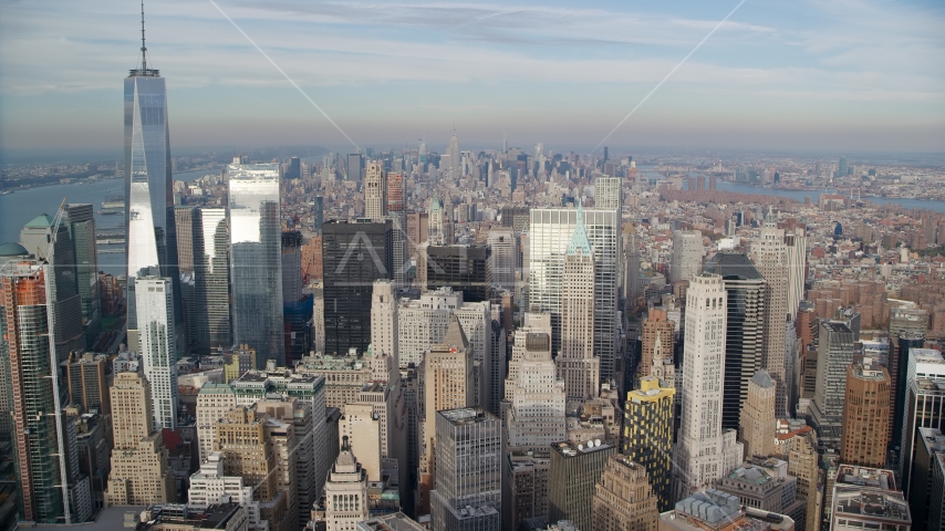 Freedom Tower and Lower Manhattan skyscrapers, New York City Aerial Stock Photo AX120_125.0000225F | Axiom Images