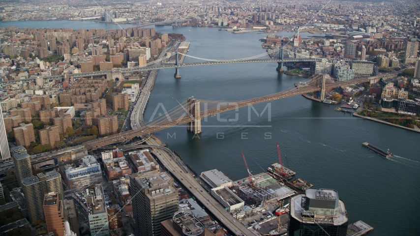 The Manhattan Bridge and the Brooklyn Bridge in New York City Aerial Stock Photo AX120_128.0000000F | Axiom Images