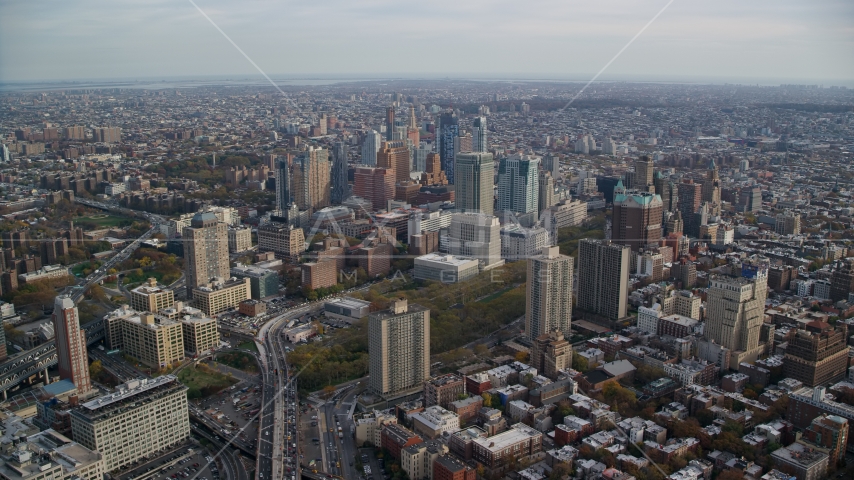 The downtown area of Brooklyn in Autumn, New York City Aerial Stock Photo AX120_130.0000184F | Axiom Images