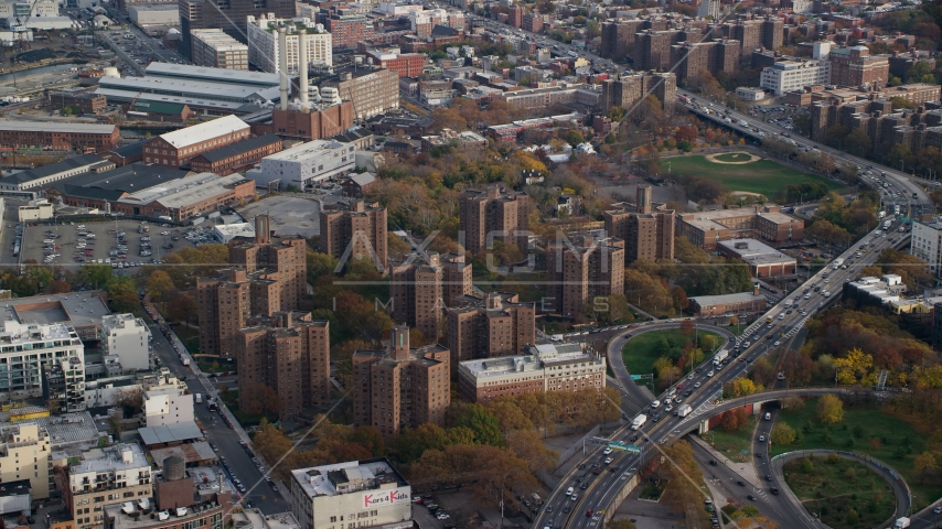 Public housing apartment buildings in Autumn, Brooklyn, New York City Aerial Stock Photo AX120_131.0000093F | Axiom Images