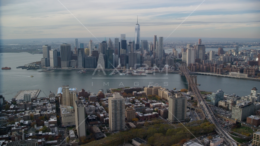 Lower Manhattan skyline and the East River seen from Brooklyn, New York City Aerial Stock Photo AX120_133.0000080F | Axiom Images