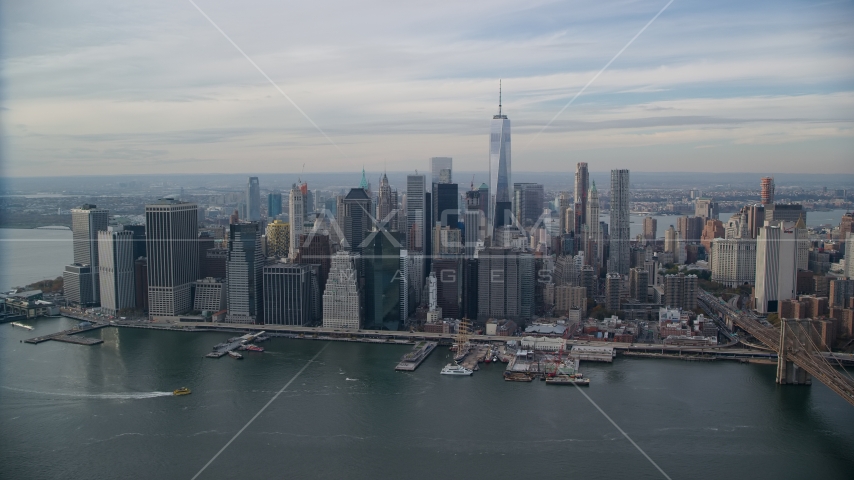 Downtown skyscrapers in Autumn, Lower Manhattan, New York City Aerial Stock Photo AX120_135.0000225F | Axiom Images