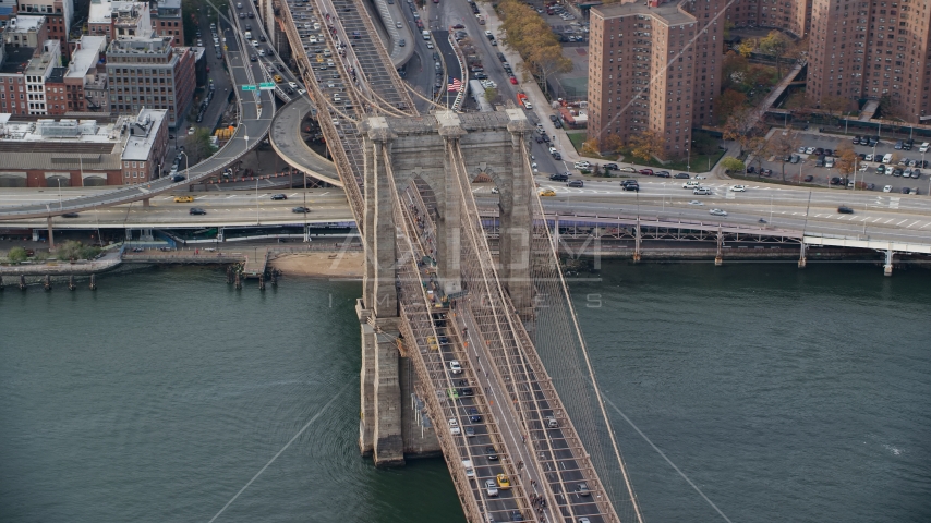 Heavy Traffic on the Brooklyn Bridge, New York City Aerial Stock Photo AX120_136.0000144F | Axiom Images