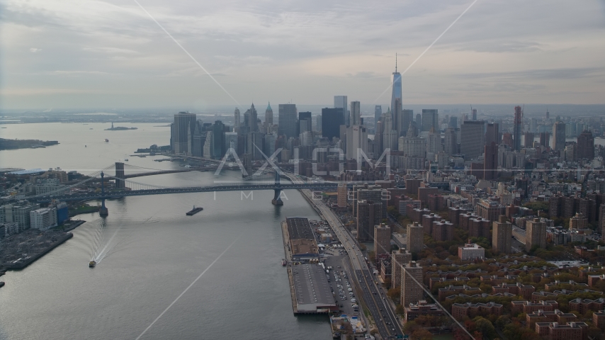 The Brooklyn and Manhattan Bridges beside Lower Manhattan, New York City Aerial Stock Photo AX120_140.0000095F | Axiom Images