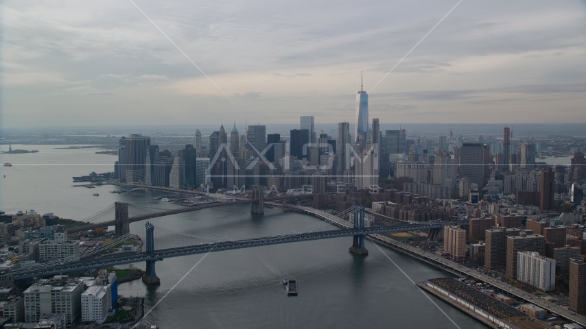Lower Manhattan high-rises by the Brooklyn and Manhattan Bridges, New York City Aerial Stock Photo AX120_142.0000196F | Axiom Images