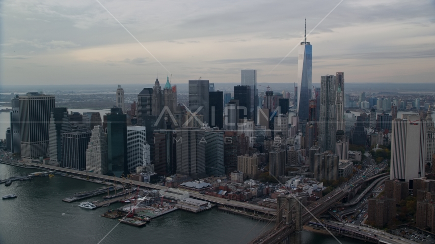 Lower Manhattan skyscrapers on the east side of downtown, New York City Aerial Stock Photo AX120_146.0000059F | Axiom Images