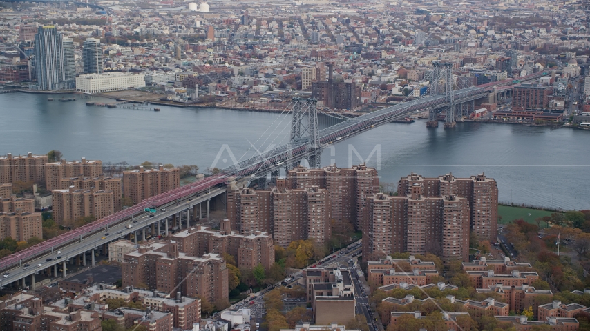 The Williamsburg Bridge and public housing in Autumn, New York City Aerial Stock Photo AX120_151.0000123F | Axiom Images