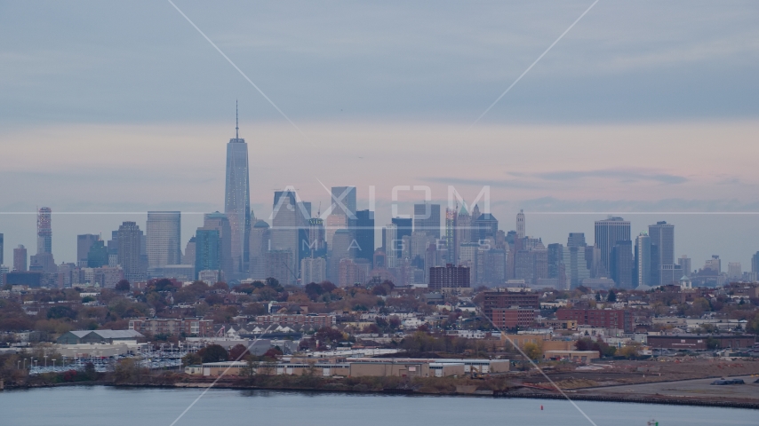 The Lower Manhattan skyline at sunset in Autumn, New York City Aerial Stock Photo AX121_003.0000059F | Axiom Images
