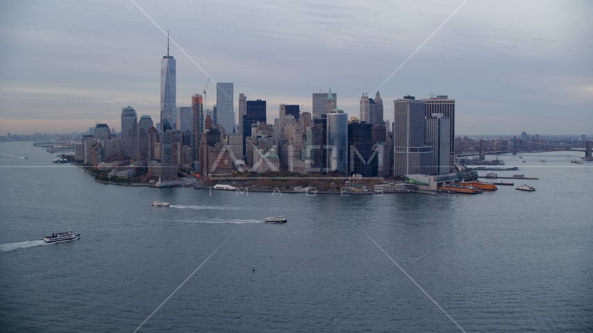 Skyline of Lower Manhattan at sunset, New York City Aerial Stock Photo AX121_018.0000073F | Axiom Images