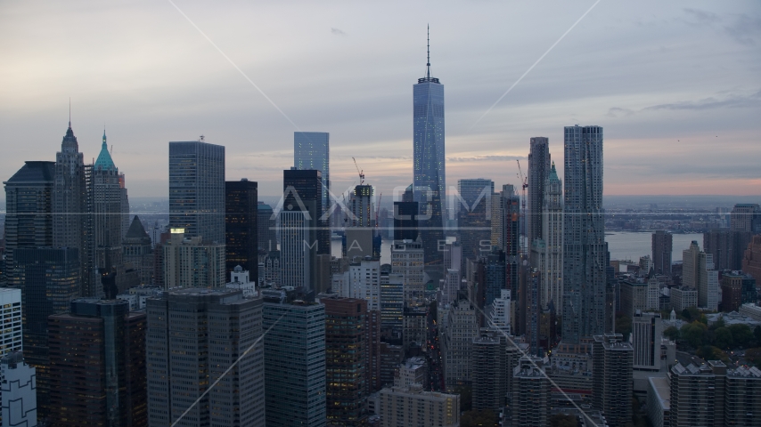 The skyscrapers in Lower Manhattan at sunset in New York City Aerial Stock Photo AX121_032.0000112F | Axiom Images