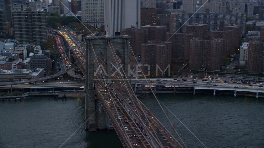 Downtown side of the Brooklyn Bridge at sunset in New York City Aerial Stock Photo AX121_040.0000039F | Axiom Images