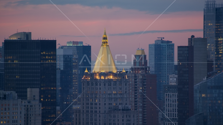 Gold roof of the New York Life Building in Midtown at sunset in New York City Aerial Stock Photo AX121_076.0000074F | Axiom Images