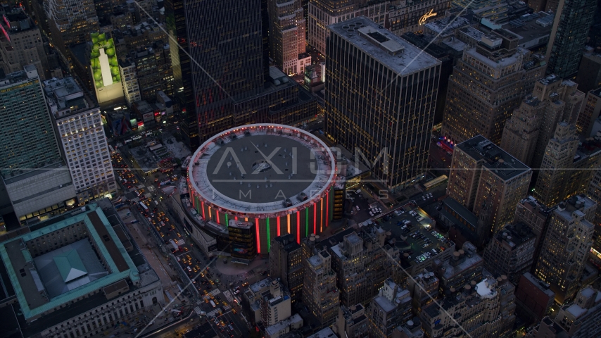 Madison Square Garden at sunset in Midtown, New York City Aerial Stock Photo AX121_085.0000286F | Axiom Images
